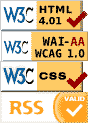 Logotipos de uso de HTML, RSS  e CSS válidos e cumprimento de accesibilidade nivel AA